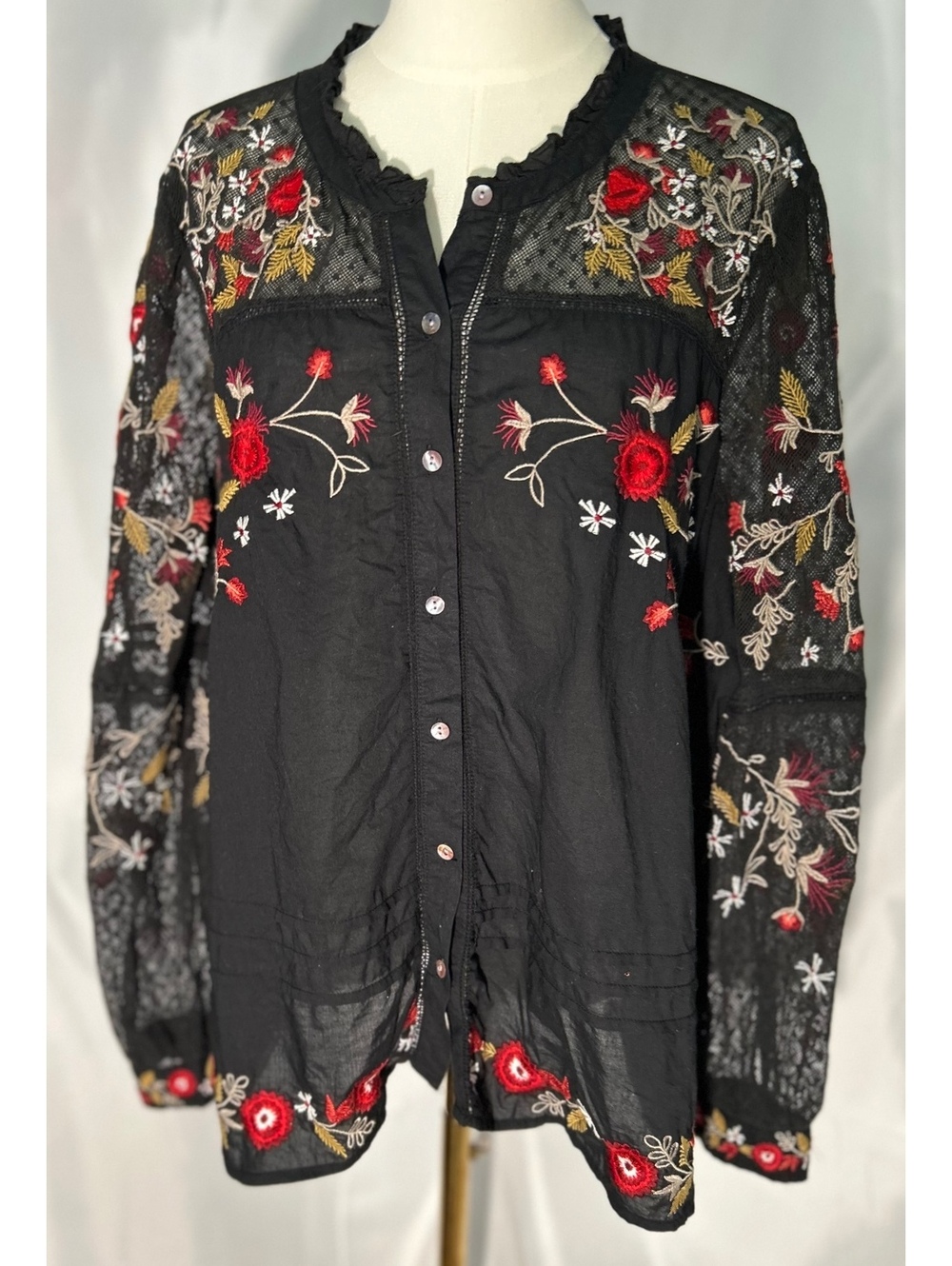 Wonderly XXL Black Floral Embroidered Mesh Blouse Boho Cottagecore Sheer plus sz